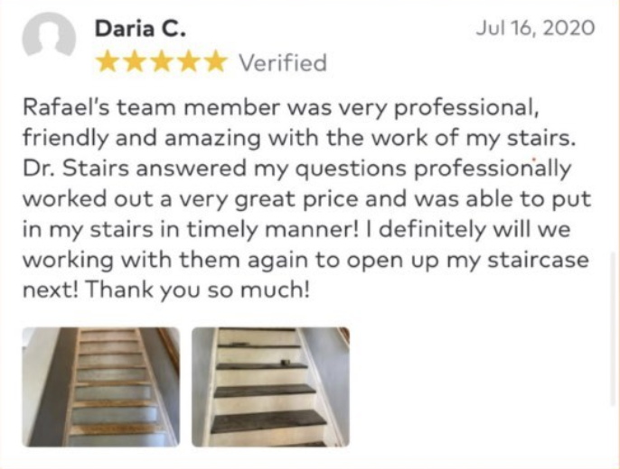 Avaliação verificada de 5 estrelas de Daria C., 16 de julho de 2020: a equipe do Rafael foi muito profissional, a Dr. Stairs respondeu às dúvidas, fez um ótimo preço e entregou a escada no prazo